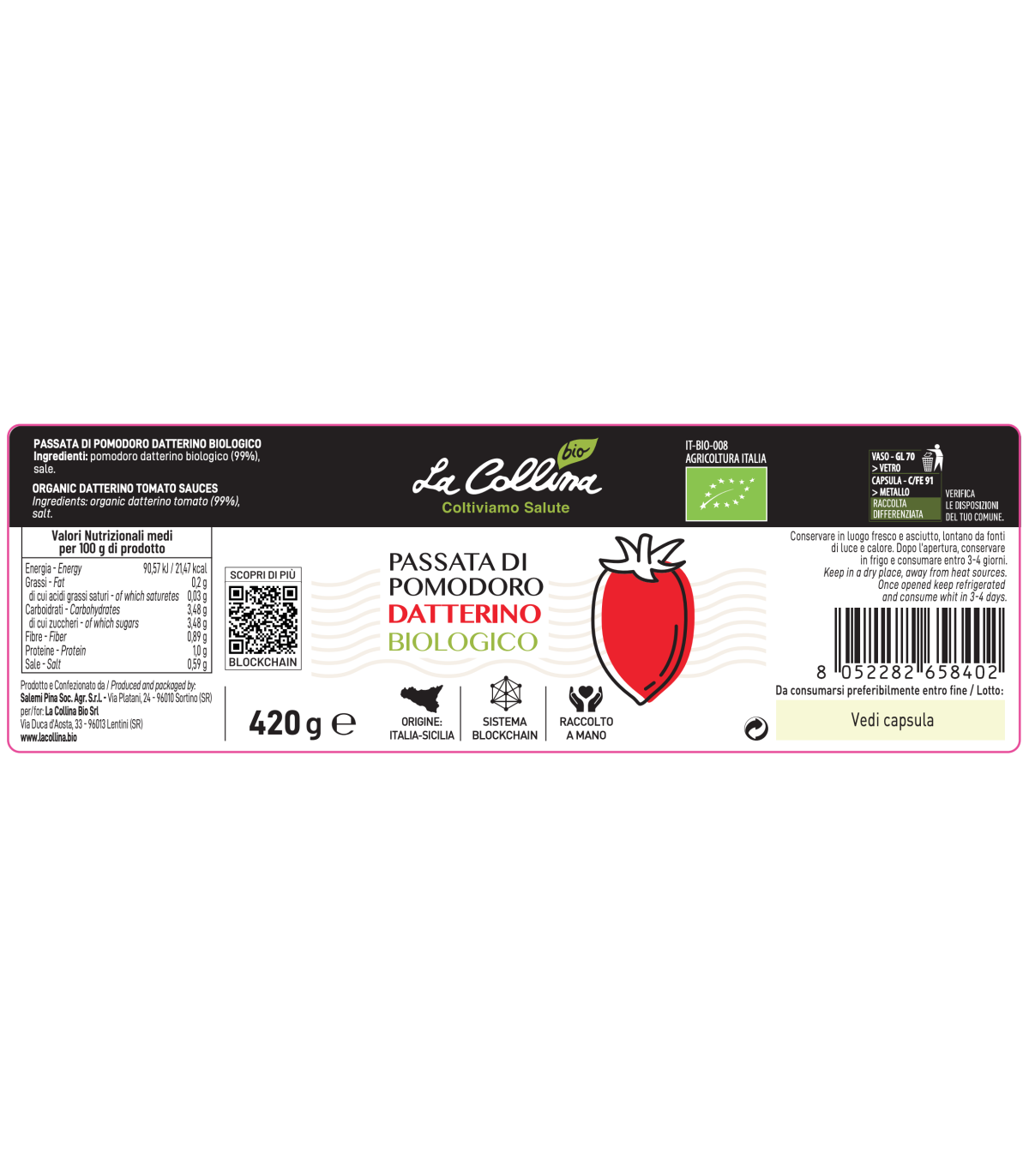 Passata di Pomodoro Datterino Bio 420 g - Box da 12 bottiglie*