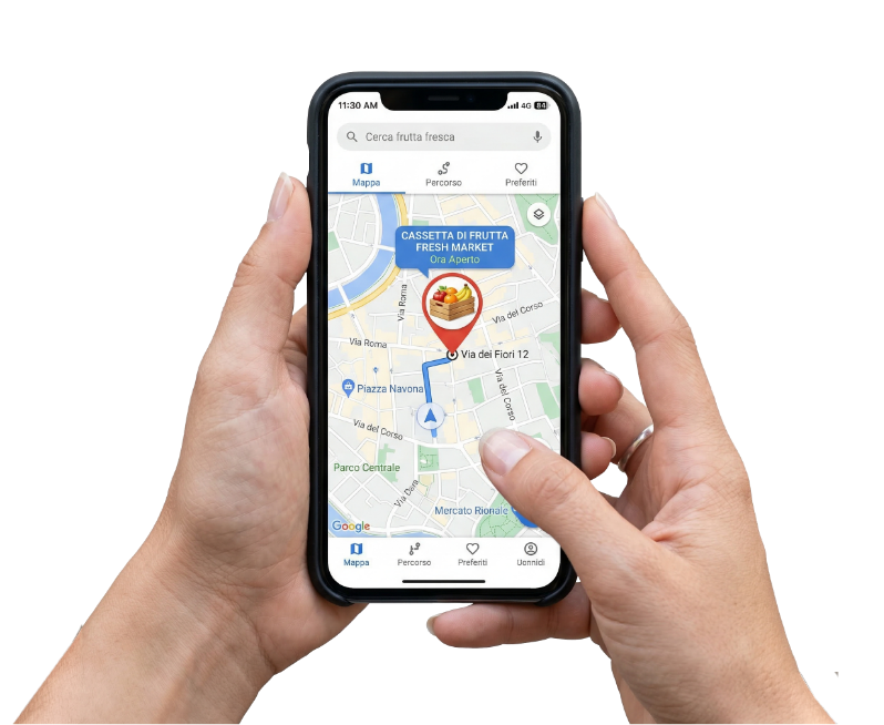 Smartphone con mappa di localizzazione del prodotto, simbolo di tracciabilità digitale e filiera sostenibile.