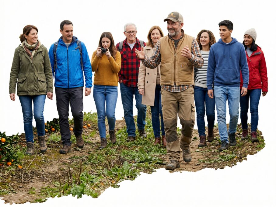 Gruppo di visitatori accompagnati da un agricoltore durante una visita guidata tra i campi.