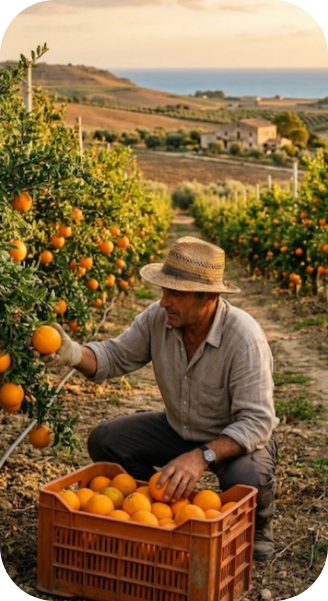 Raccolta manuale delle arance in agrumeto siciliano da parte di un operatore agricolo.