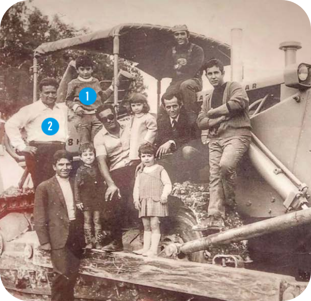 Foto storica della famiglia Ferrante accanto a un mezzo agricolo, simbolo dei valori tramandati tra generazioni.