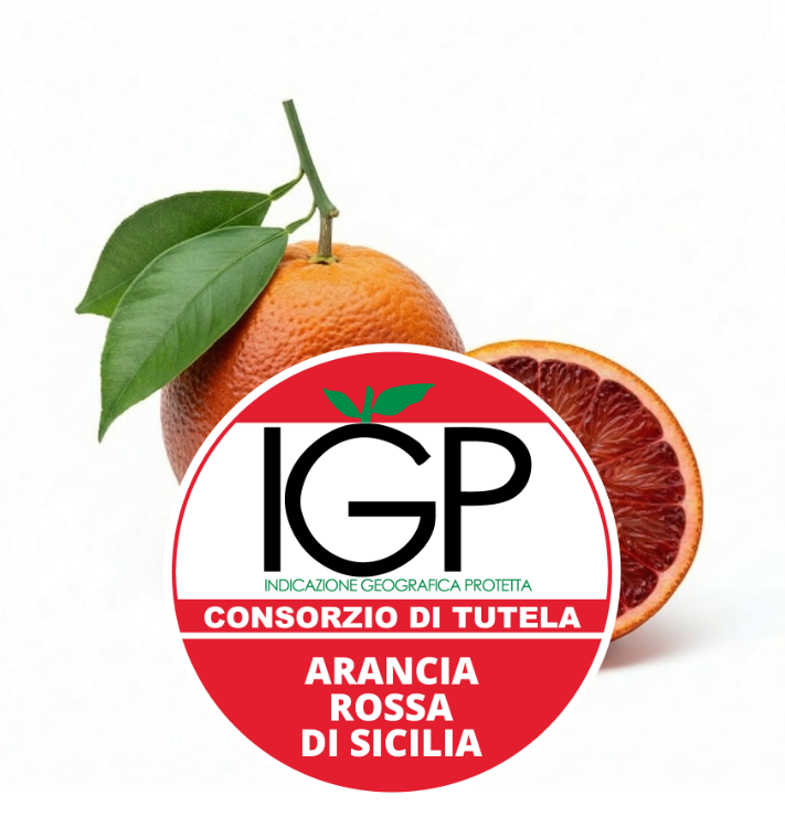 Arancia e fetta di arancia rossa con marchio IGP Arancia Rossa di Sicilia.