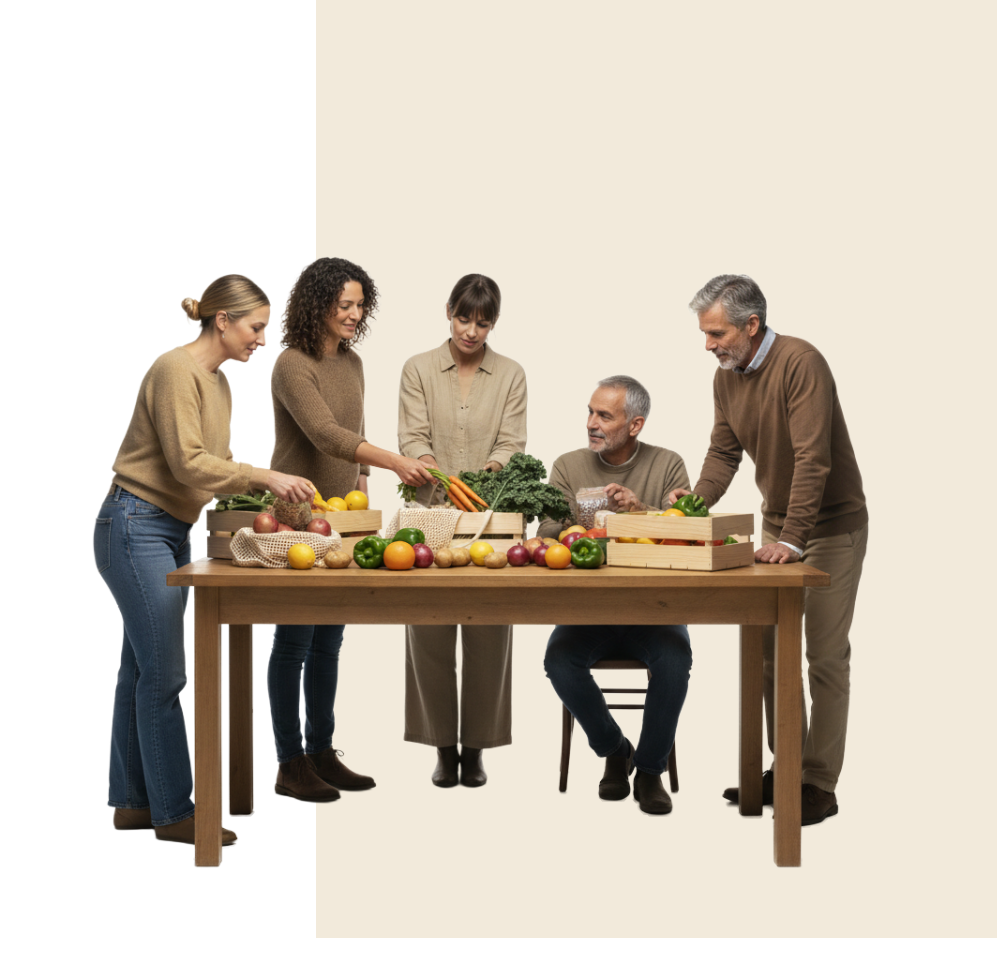 Persone riunite attorno a un tavolo con frutta e verdura fresca, simbolo dei Gruppi di Acquisto Solidale.