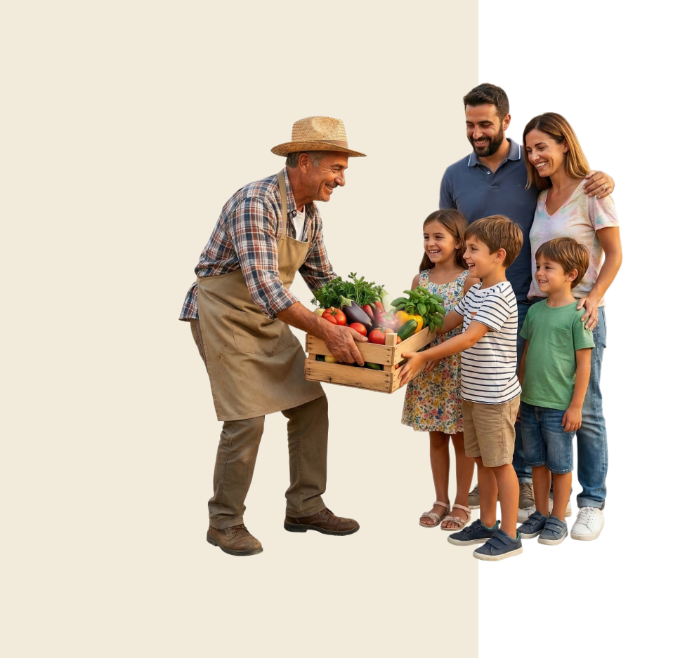 Agricoltore che consegna una cassetta di ortaggi freschi a una famiglia, simbolo del rapporto diretto con i GAS.