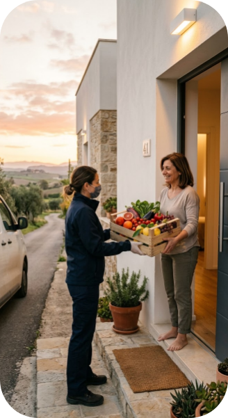 Consegna a domicilio di una cassetta di frutta fresca a una cliente.